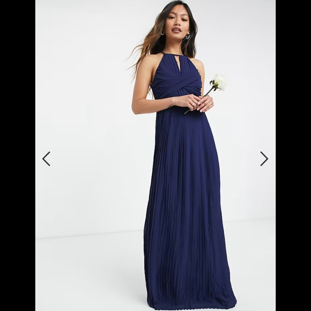 TFNC Tall bridesmaid pleated wrap detail maxi dress in navy